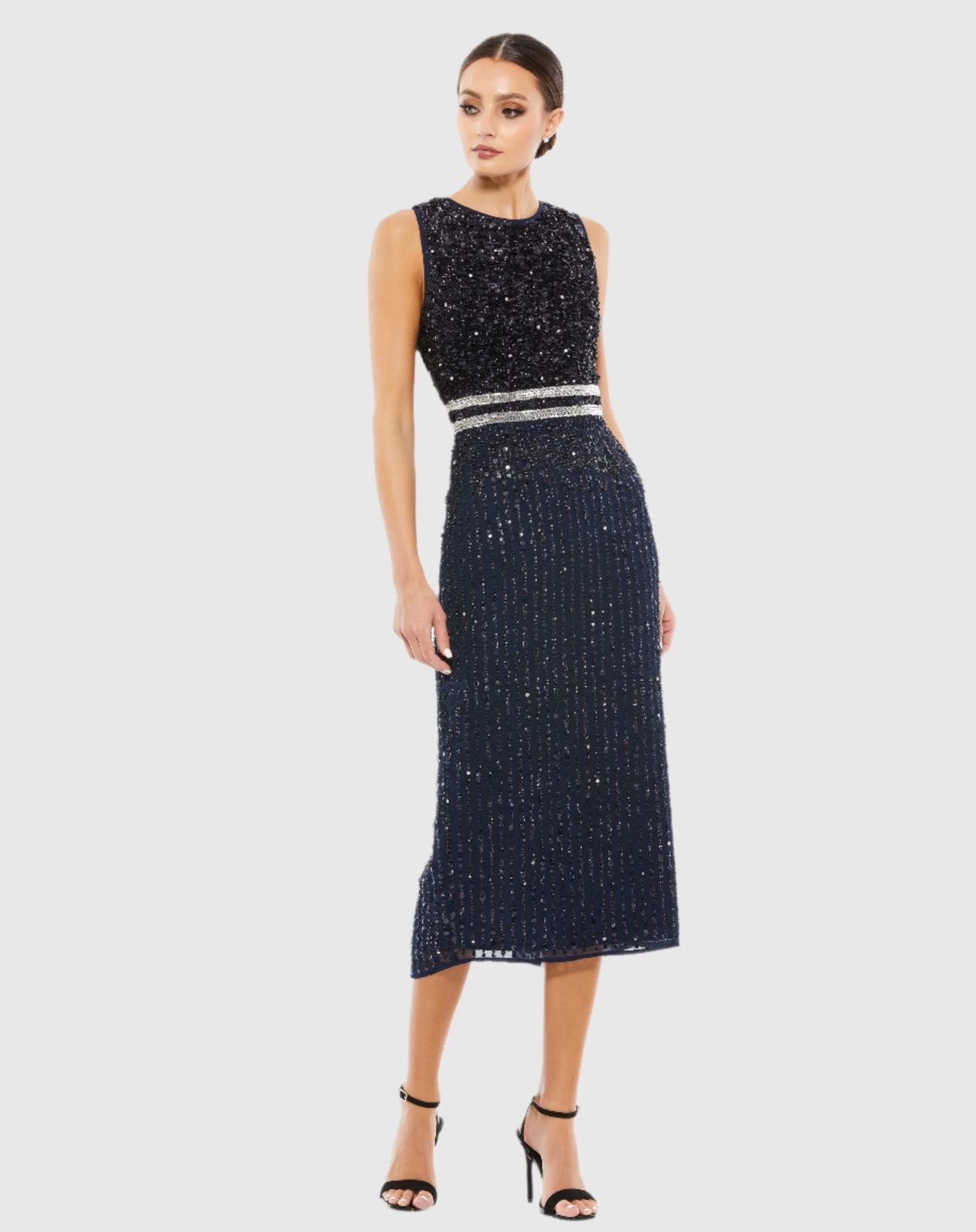New Nwt Mac Duggal Navy Sleeveless High Neck Beaded Midi Sheath Navy Dress Sz 16